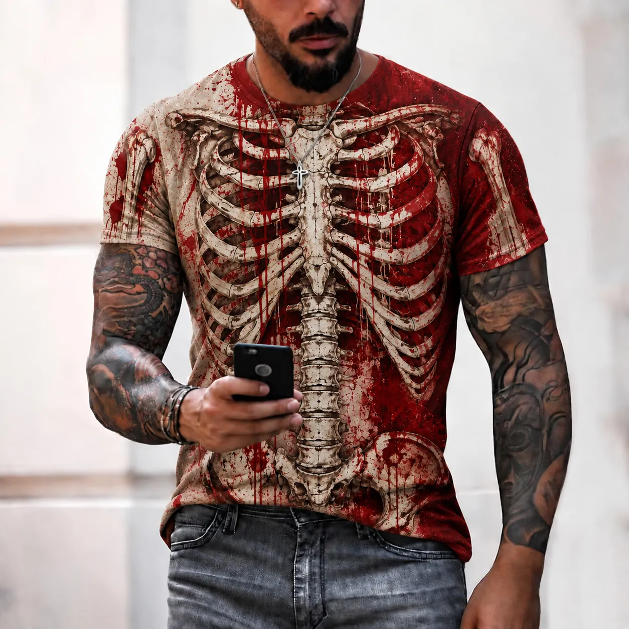 Men's Vintage Bloodstain Skeleton Graphic Inspired Art Casual Tshirt