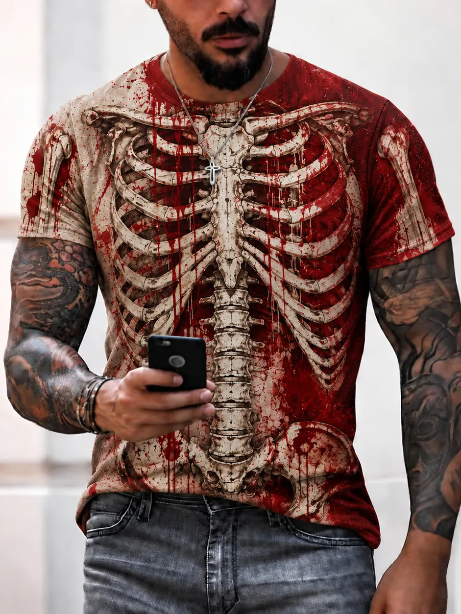 Men's Vintage Bloodstain Skeleton Graphic Inspired Art Casual Tshirt