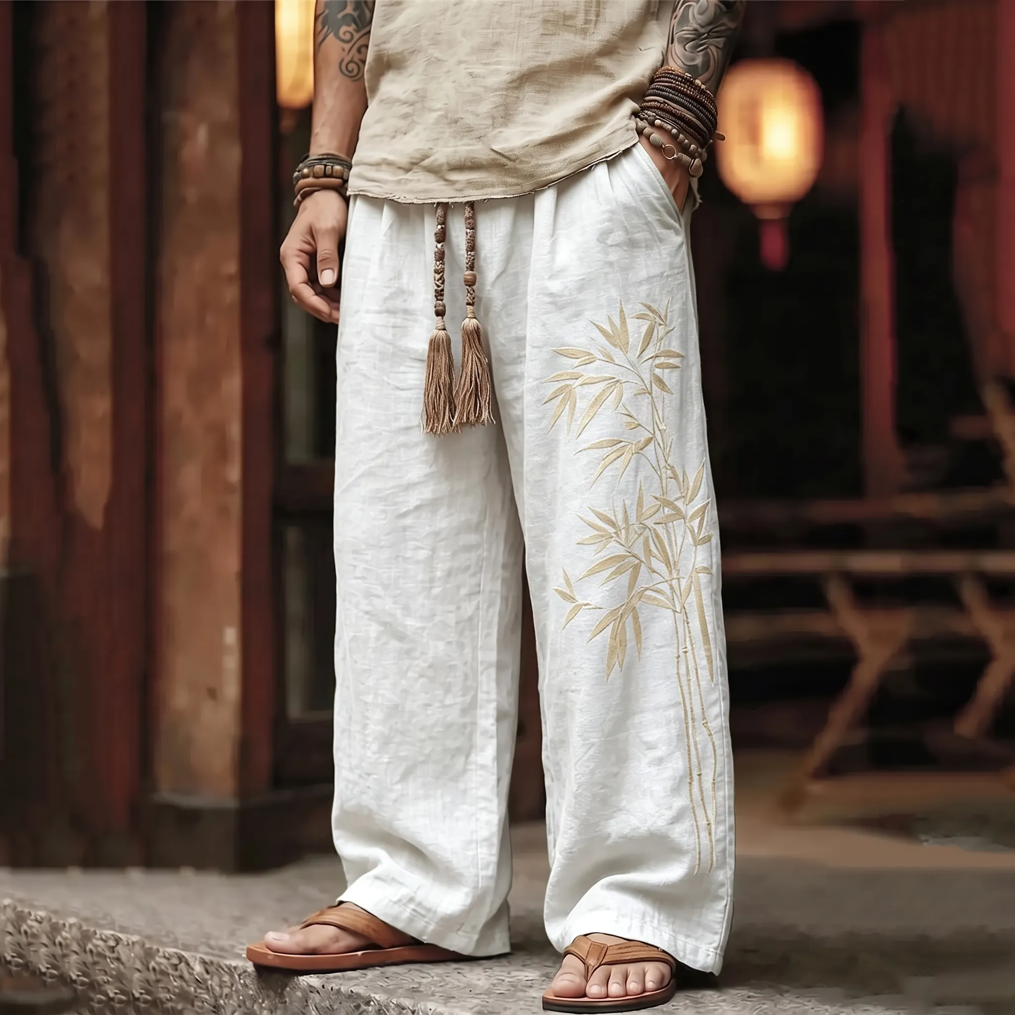 Men's Vintage Japanese Bamboo Art Print Linen Blend Pants