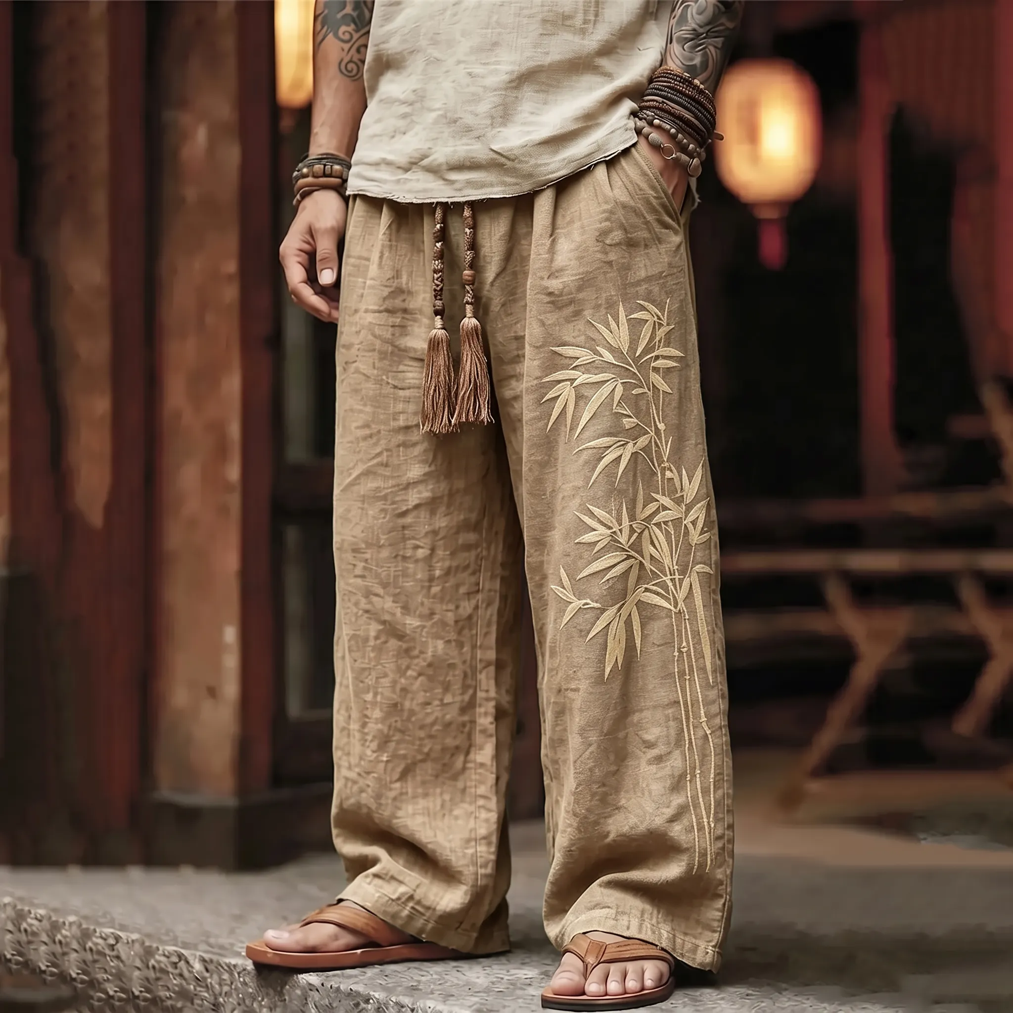Men's Vintage Japanese Bamboo Art Print Linen Blend Pants