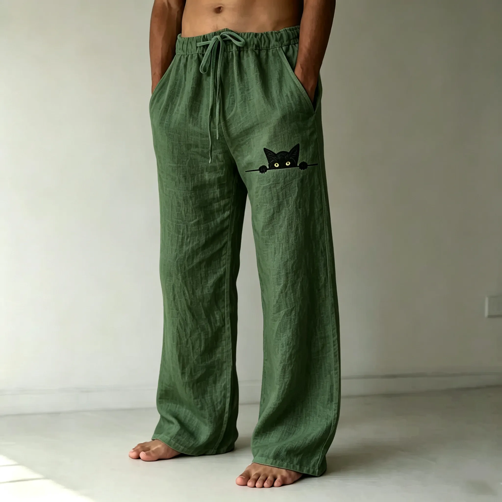 Men's Black Cat Art Print Casual Linen Blend Pants