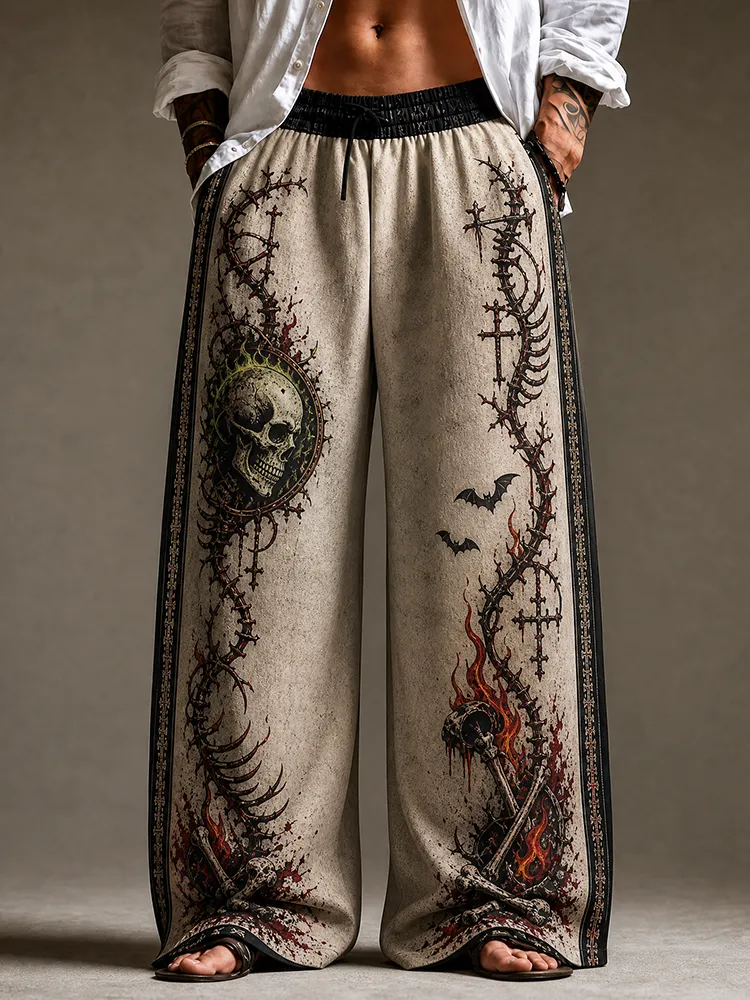 Men's Gothic Wide-leg Pants - Vintage Skulls, Spiked Crosses And Spine Bones Print Casual Trousers