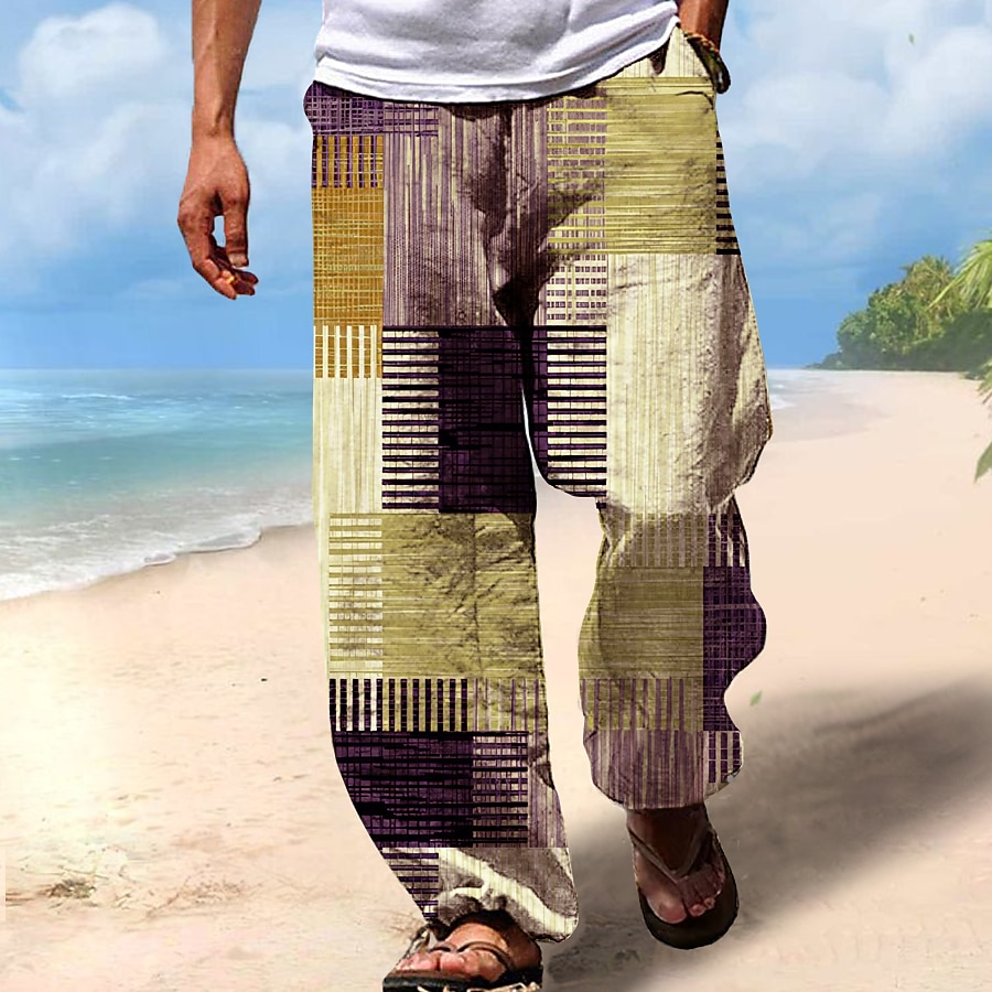 Vintage Beach Drawstring Elastic Waist Geometric Art Linen Blend Casual Pants