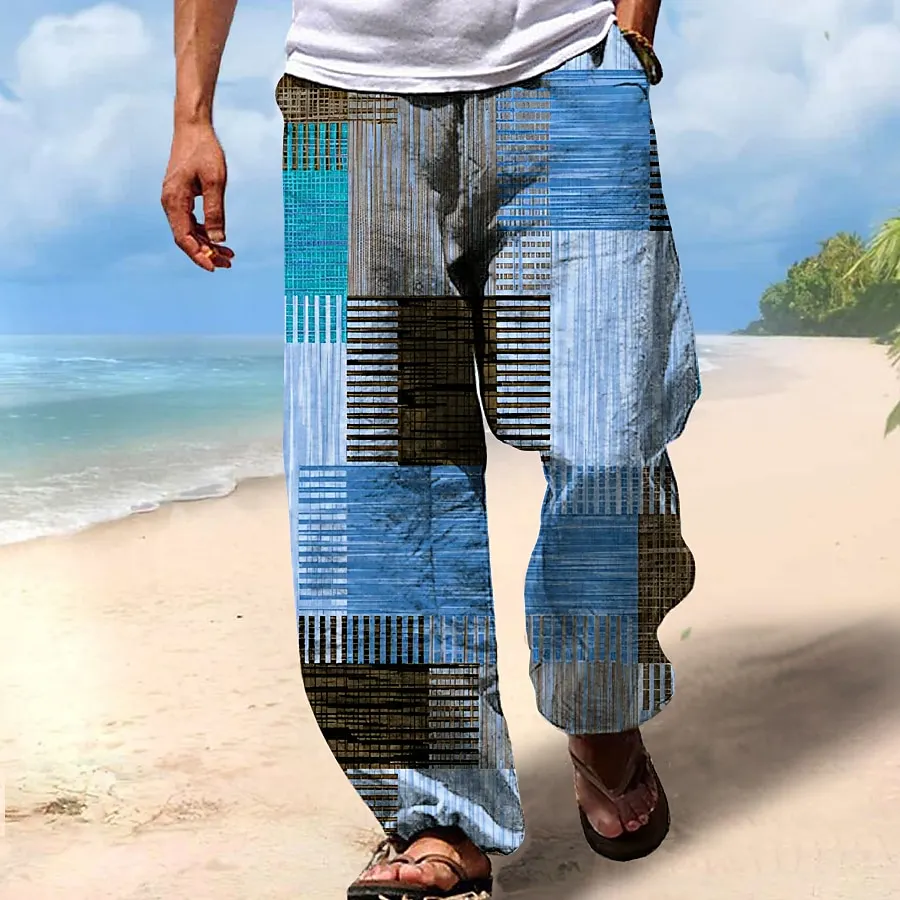 Vintage Beach Drawstring Elastic Waist Geometric Art Linen Blend Casual Pants