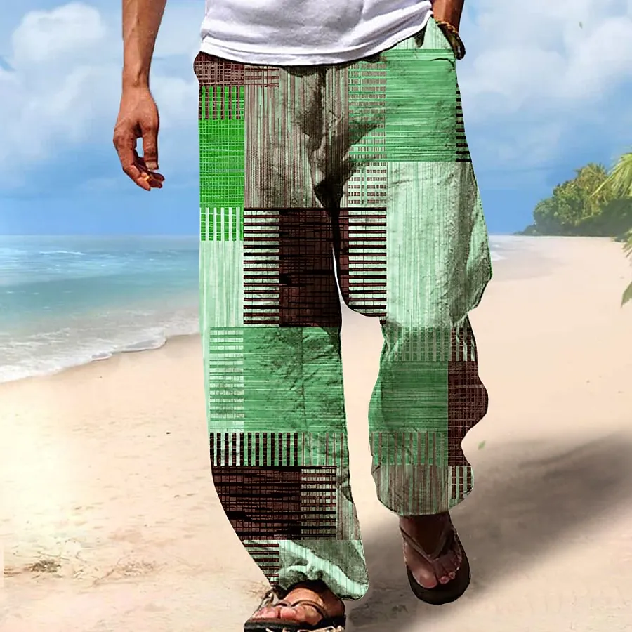 Vintage Beach Drawstring Elastic Waist Geometric Art Linen Blend Casual Pants