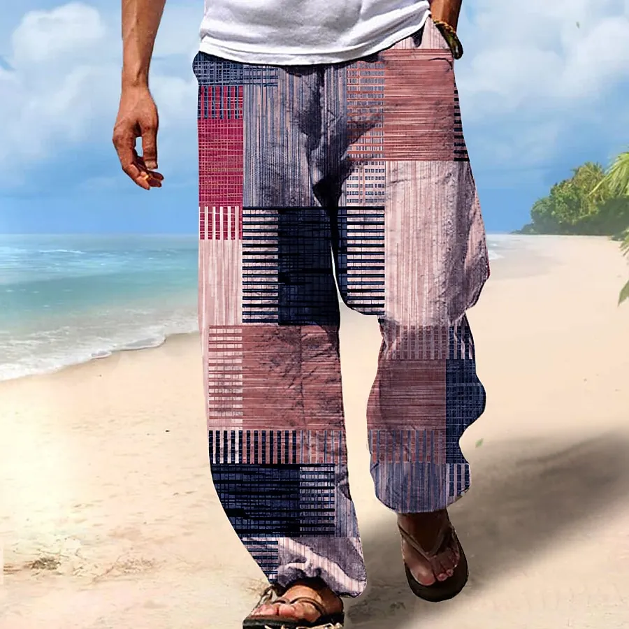Vintage Beach Drawstring Elastic Waist Geometric Art Linen Blend Casual Pants