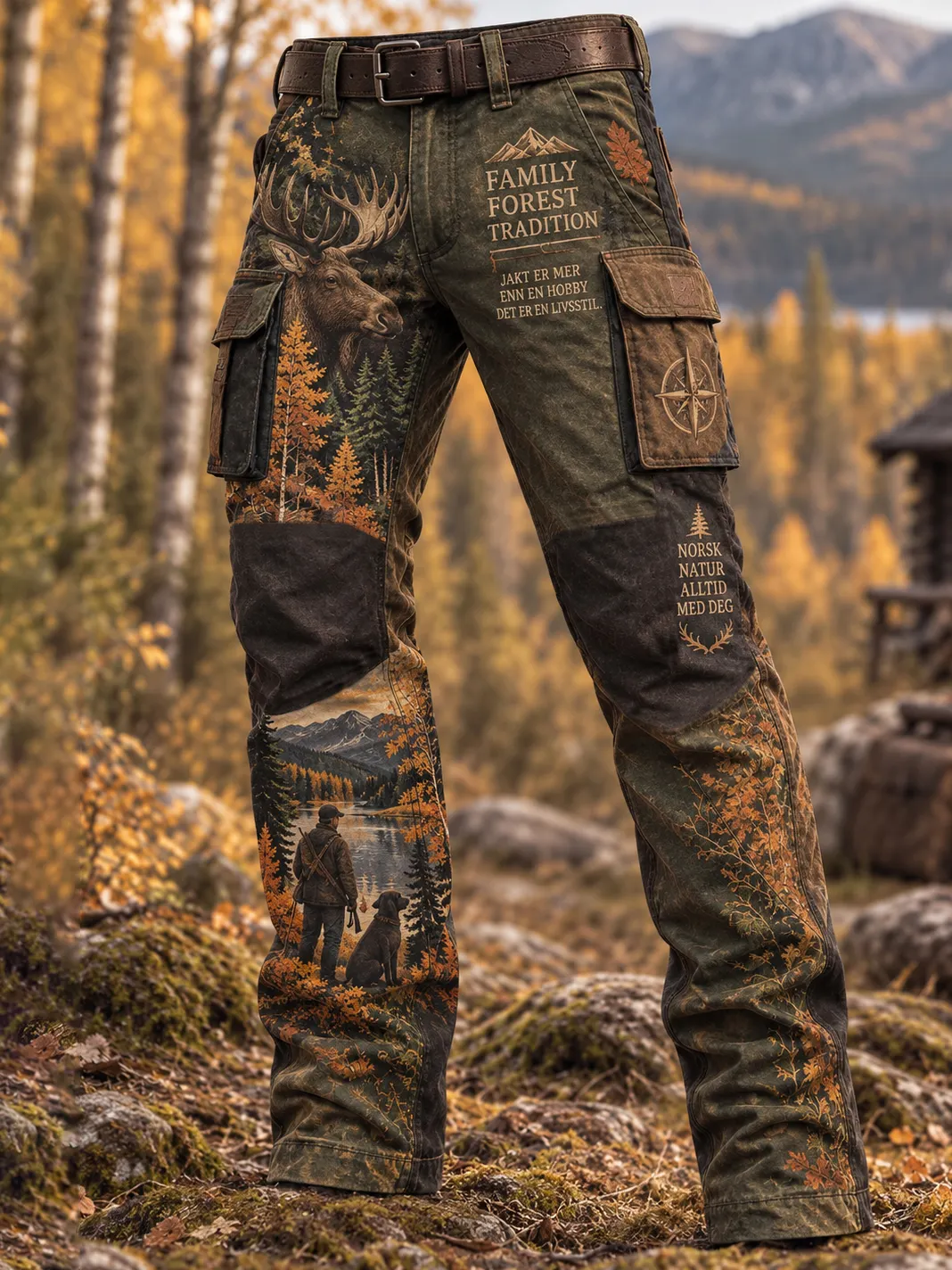 Men's Vintage Faith Traditional Reindeer Pattern Printed Multi-pocket Cargo Casual Pants