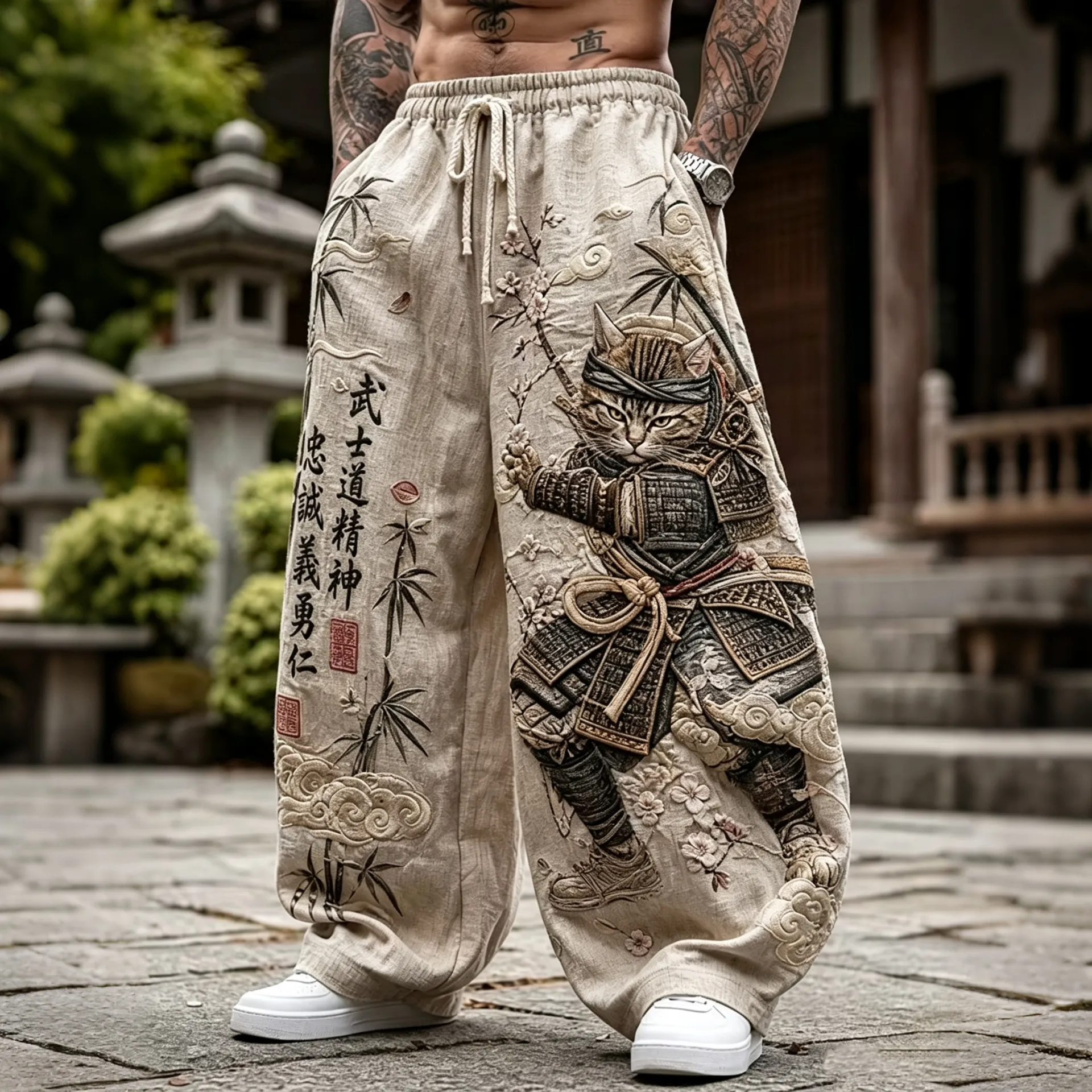 Men's Armored Samurai Cat Bamboo Sakura Print Casual Pants
