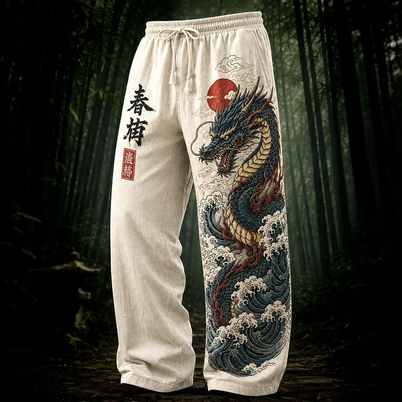 Men's Japanese Wave With Dragon Calligraphy Print Casual Pants