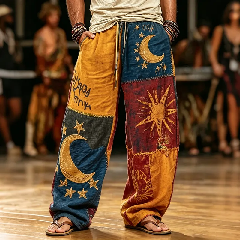 Men's Vintage Hippie Sun Moon Patchwork Print Casual Pants