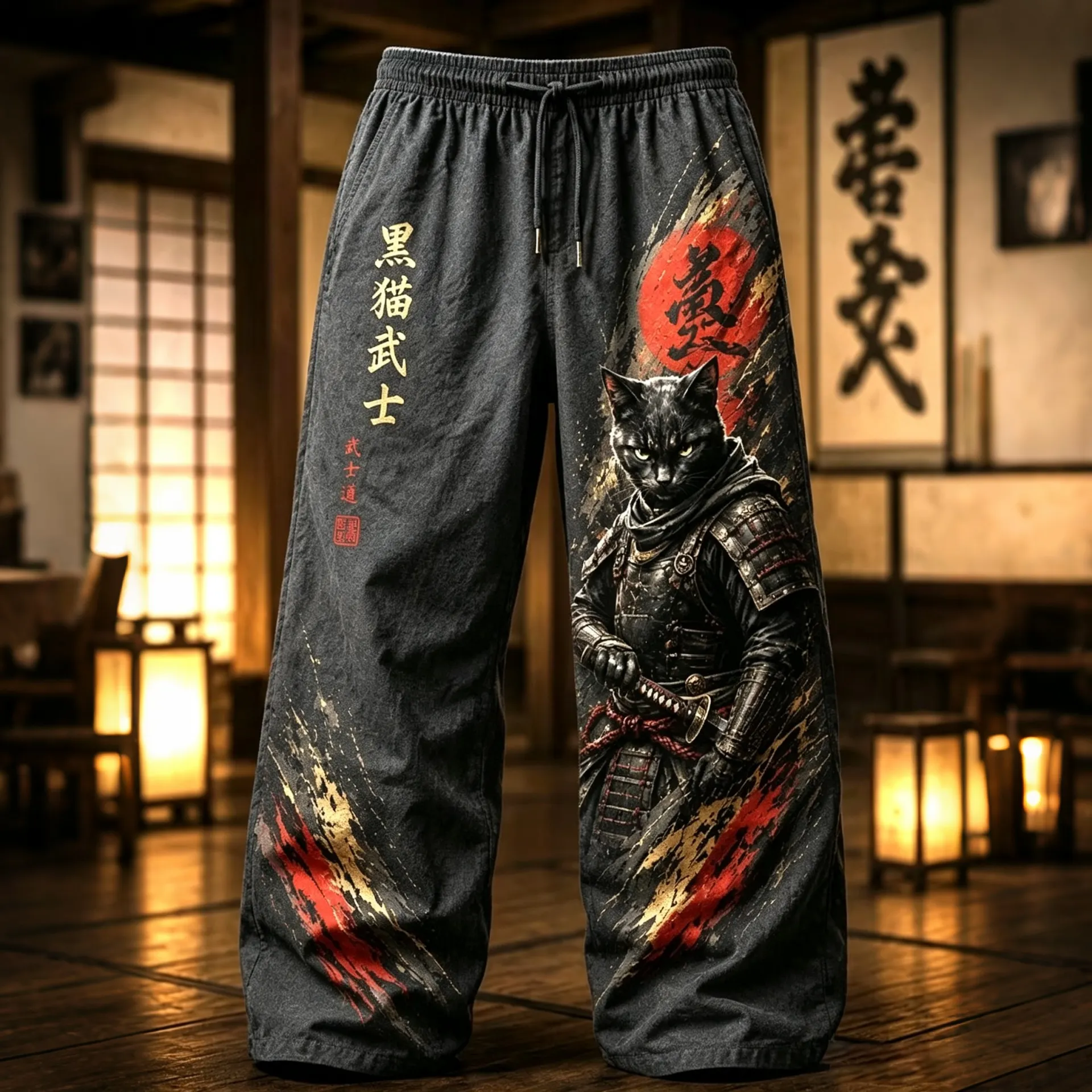 Men's Brave Black Cat Samurai Japanese Art Print Casual Linen Blend Pants