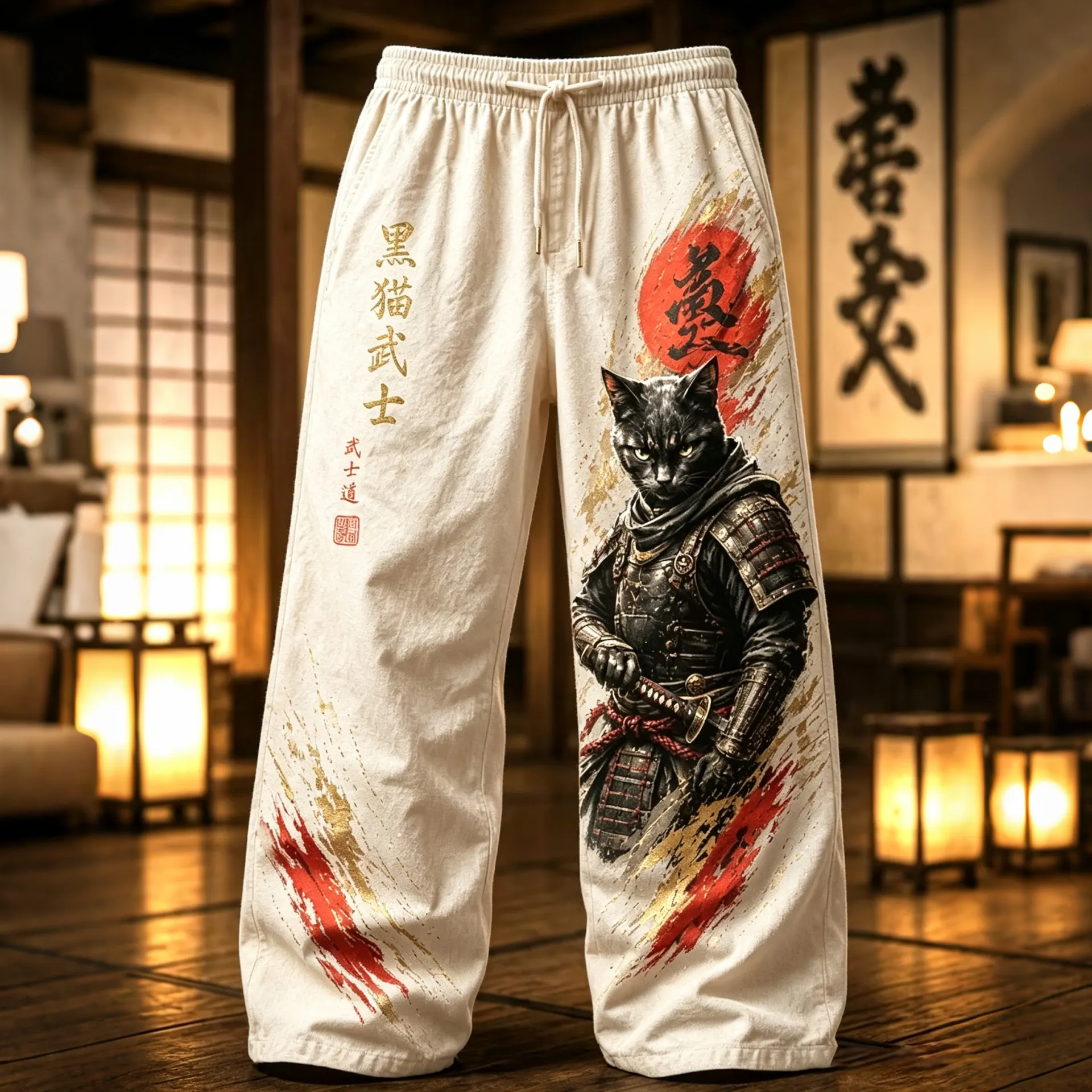 Men's Brave Black Cat Samurai Japanese Art Print Casual Linen Blend Pants