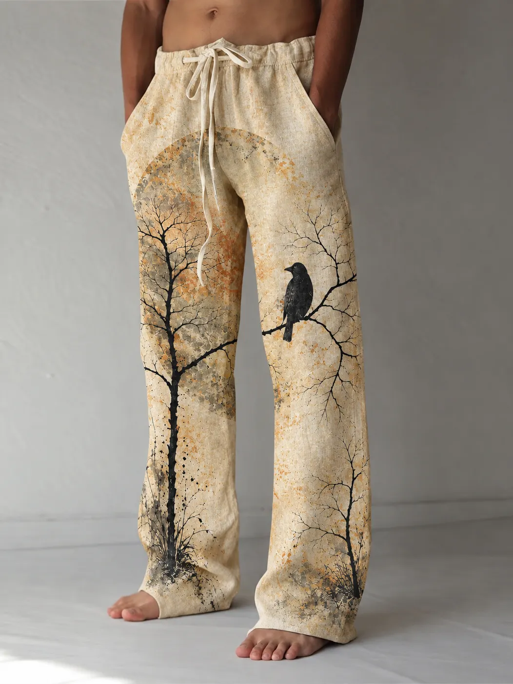 Men's Retro Bird Art Print Straight Leg Casual Pants
