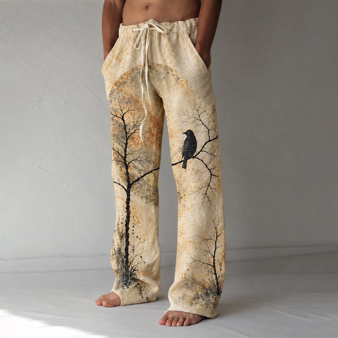 Men's Retro Bird Art Print Straight Leg Casual Pants