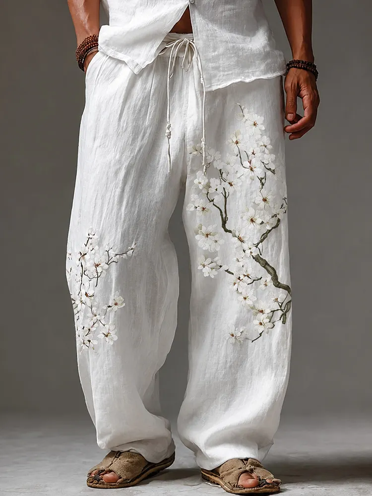Men's Japanese Almond Blossom Flowy Linen Wide Leg Pants