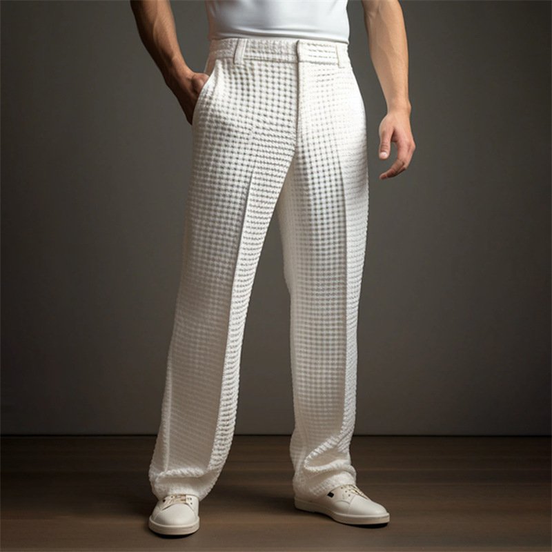 Men's Solid Color Waffle Knit Straight-leg Casual Trousers