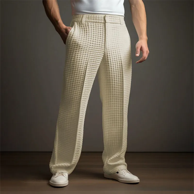 Men's Solid Color Waffle Knit Straight-leg Casual Trousers