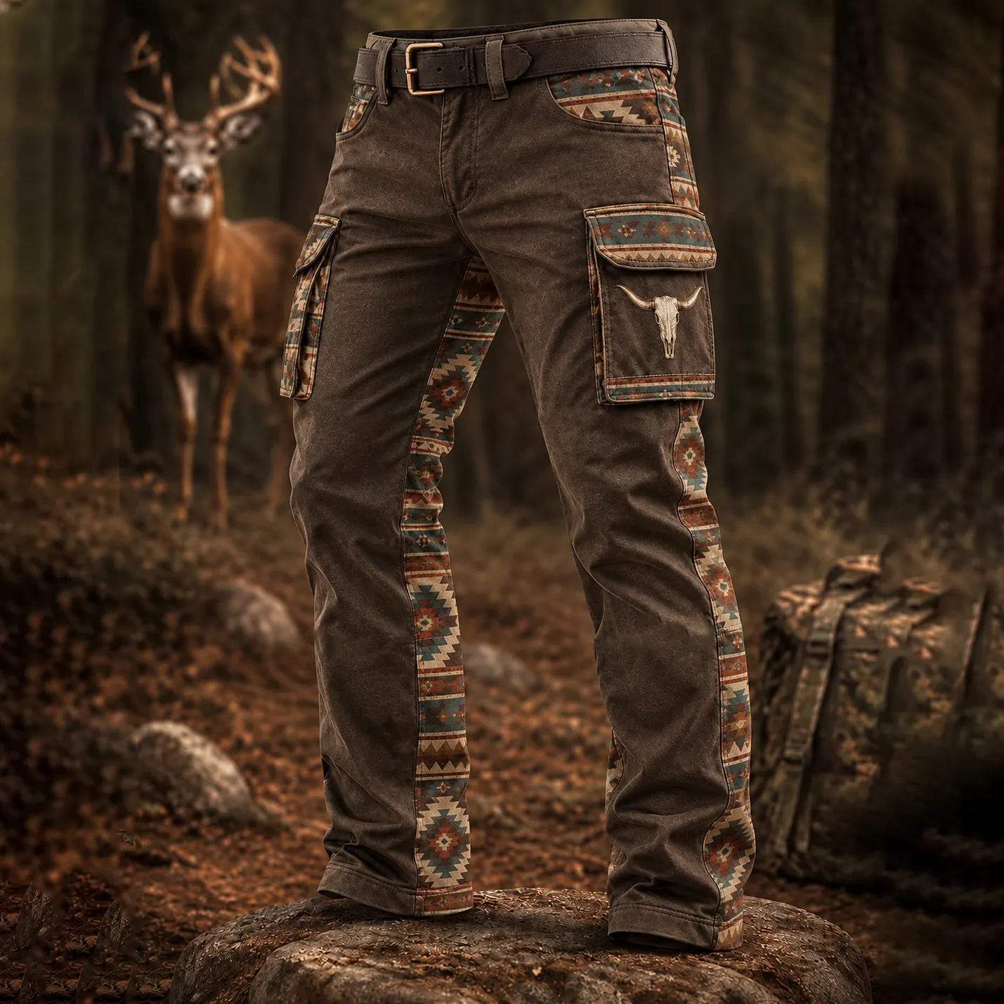 Men's Vintage Faith Traditional Reindeer Pattern Printed Multi-pocket Cargo Casual Pants