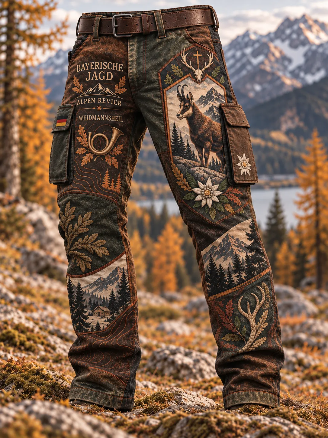 Men's Vintage Faith Traditional Reindeer Pattern Printed Multi-pocket Cargo Casual Pants