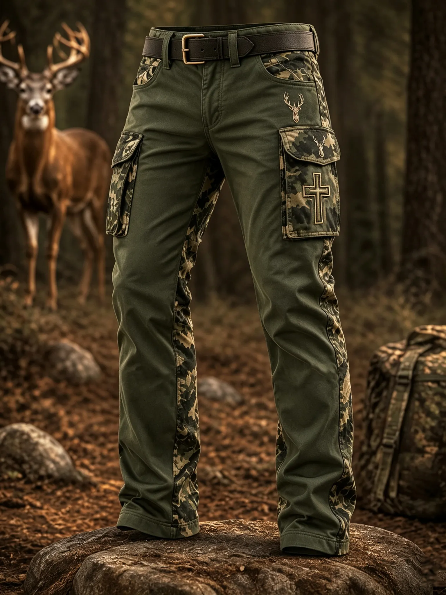 Men's Vintage Faith Traditional Reindeer Pattern Printed Multi-pocket Cargo Casual Pants