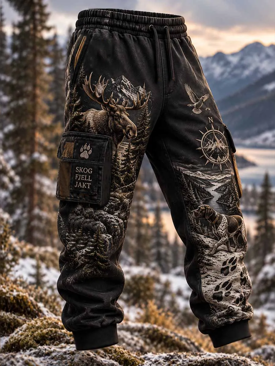 Men's Vintage Faith Traditional Reindeer Pattern Printed Multi-pocket Cargo Casual Pants