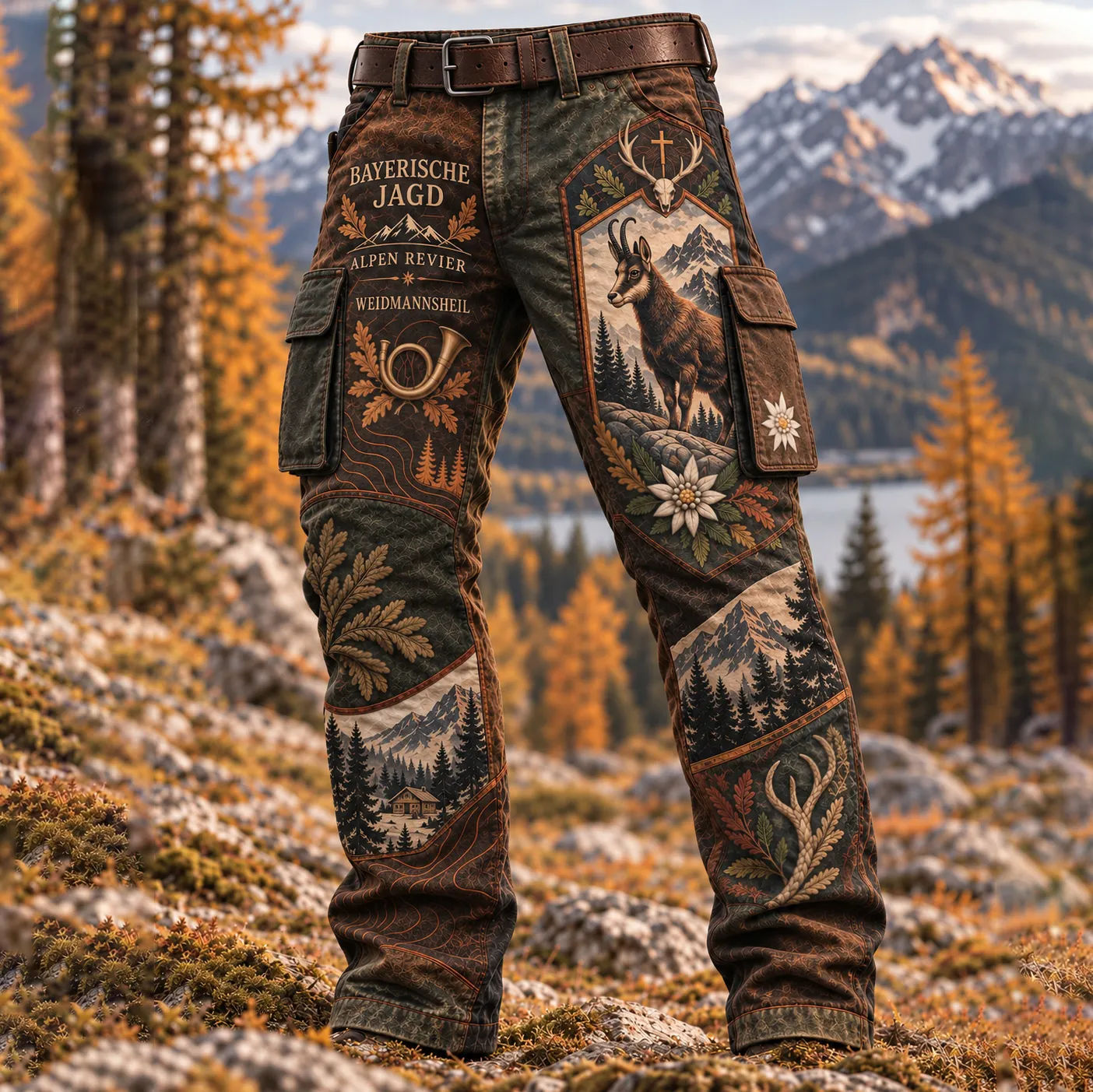 Men's Vintage Faith Traditional Reindeer Pattern Printed Multi-pocket Cargo Casual Pants