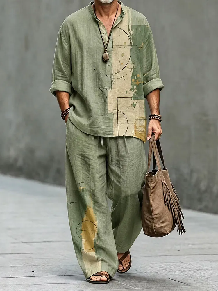 Men's Retro Abstract Geometric Art Print Shirt And Pants Two Piece Set