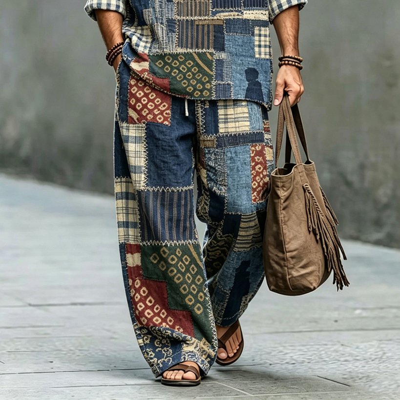 Men's Vintage Japanese Patchwork Art Shirt And Pants Two Piece Set