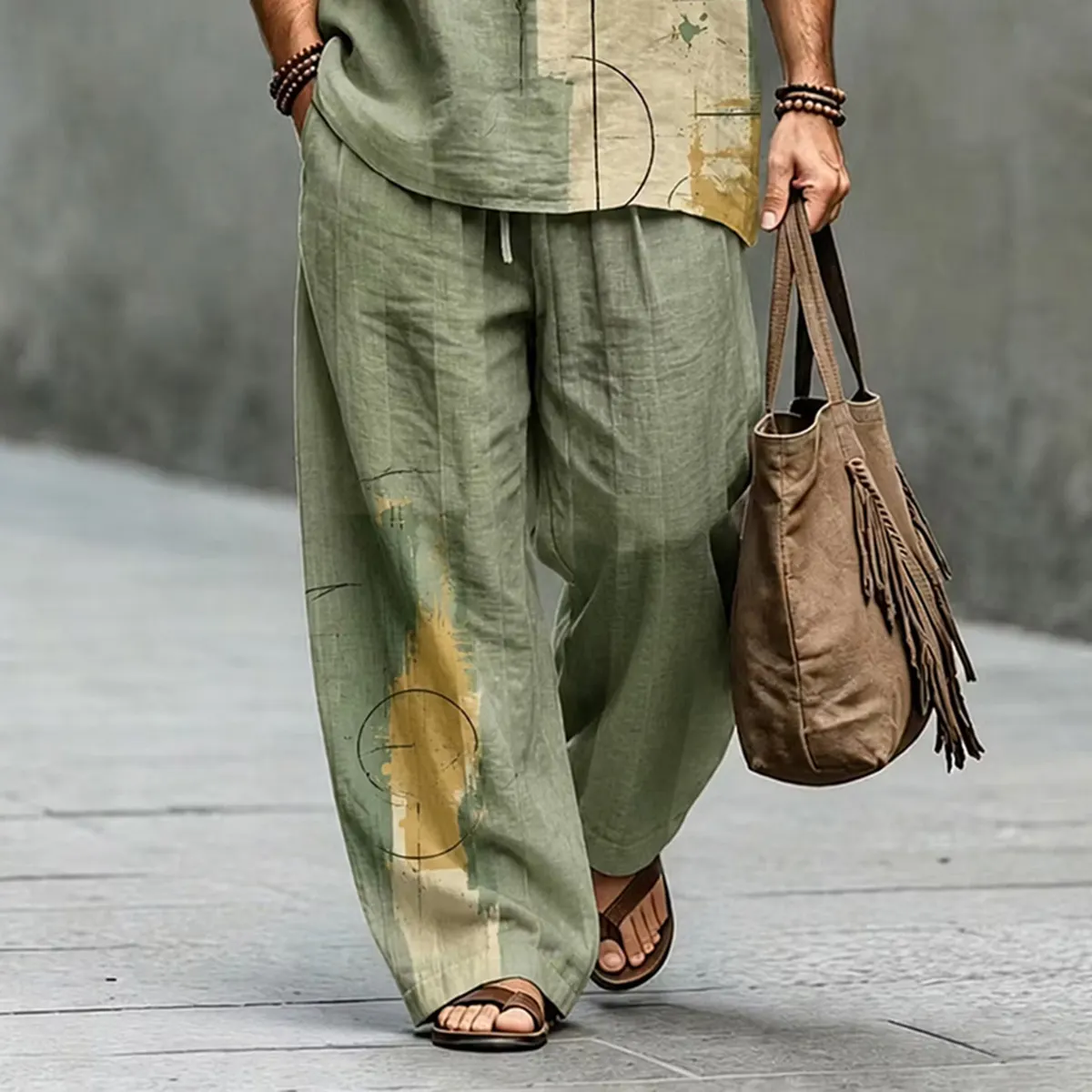 Men's Retro Abstract Geometric Art Print Shirt And Pants Two Piece Set