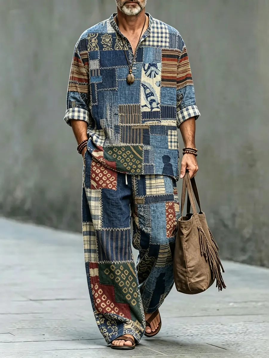 Men's Vintage Japanese Patchwork Art Shirt And Pants Two Piece Set