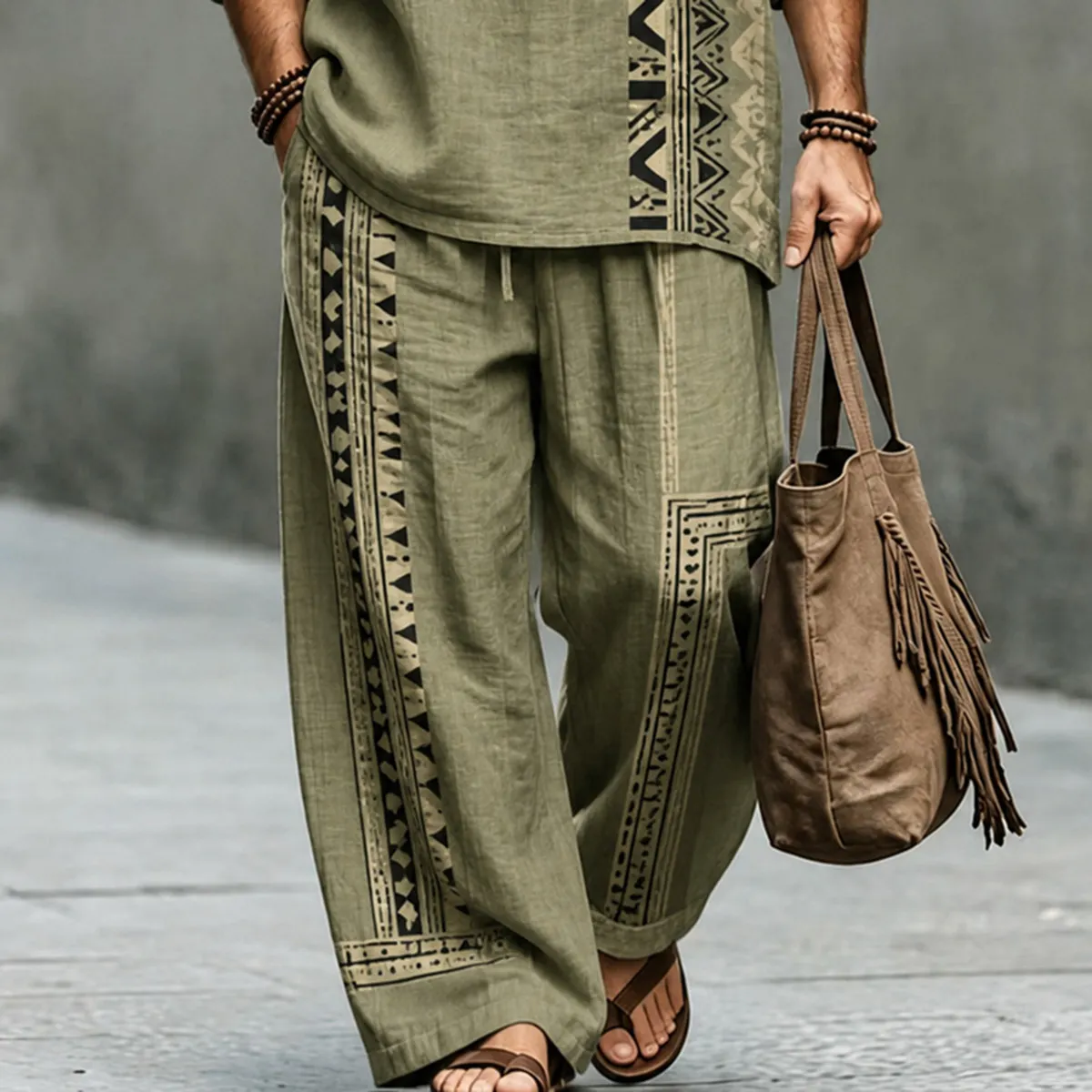 Men's Vintage Geometry Art Print Shirt And Pants Two Piece Set
