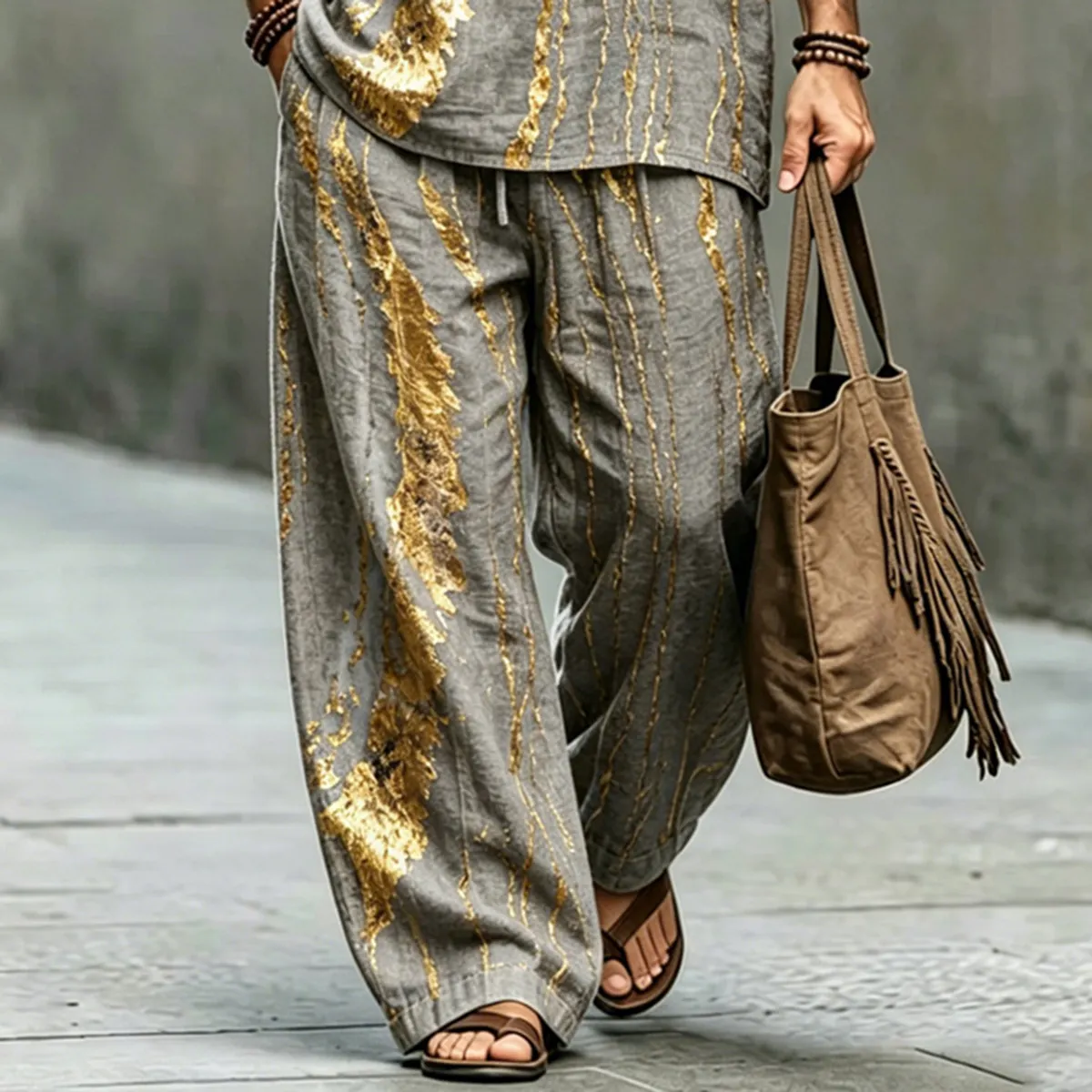 Men's Retro Abstract Art Print Shirt And Pants Two Piece Set