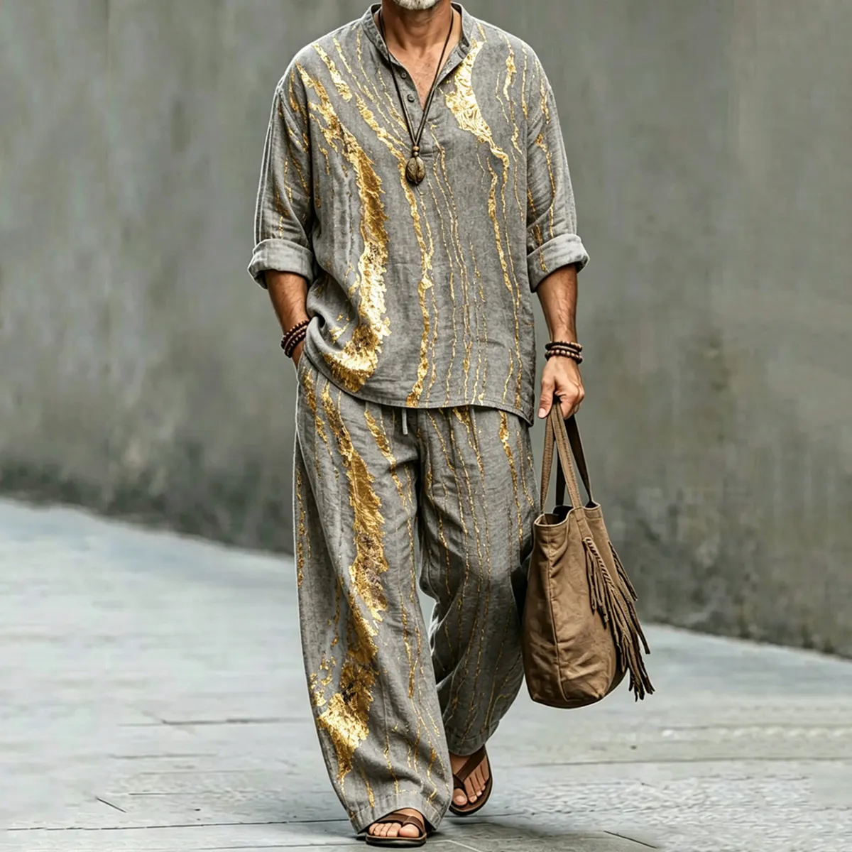 Men's Retro Abstract Art Print Shirt And Pants Two Piece Set