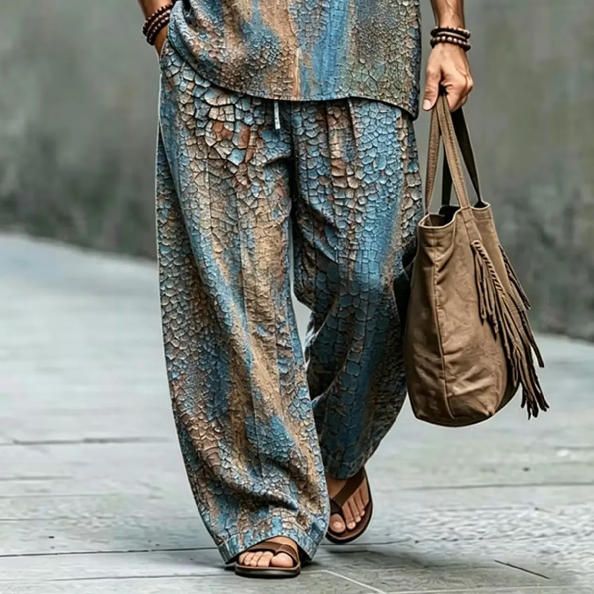 Men's Retro Abstract Art Print Shirt And Pants Two Piece Set