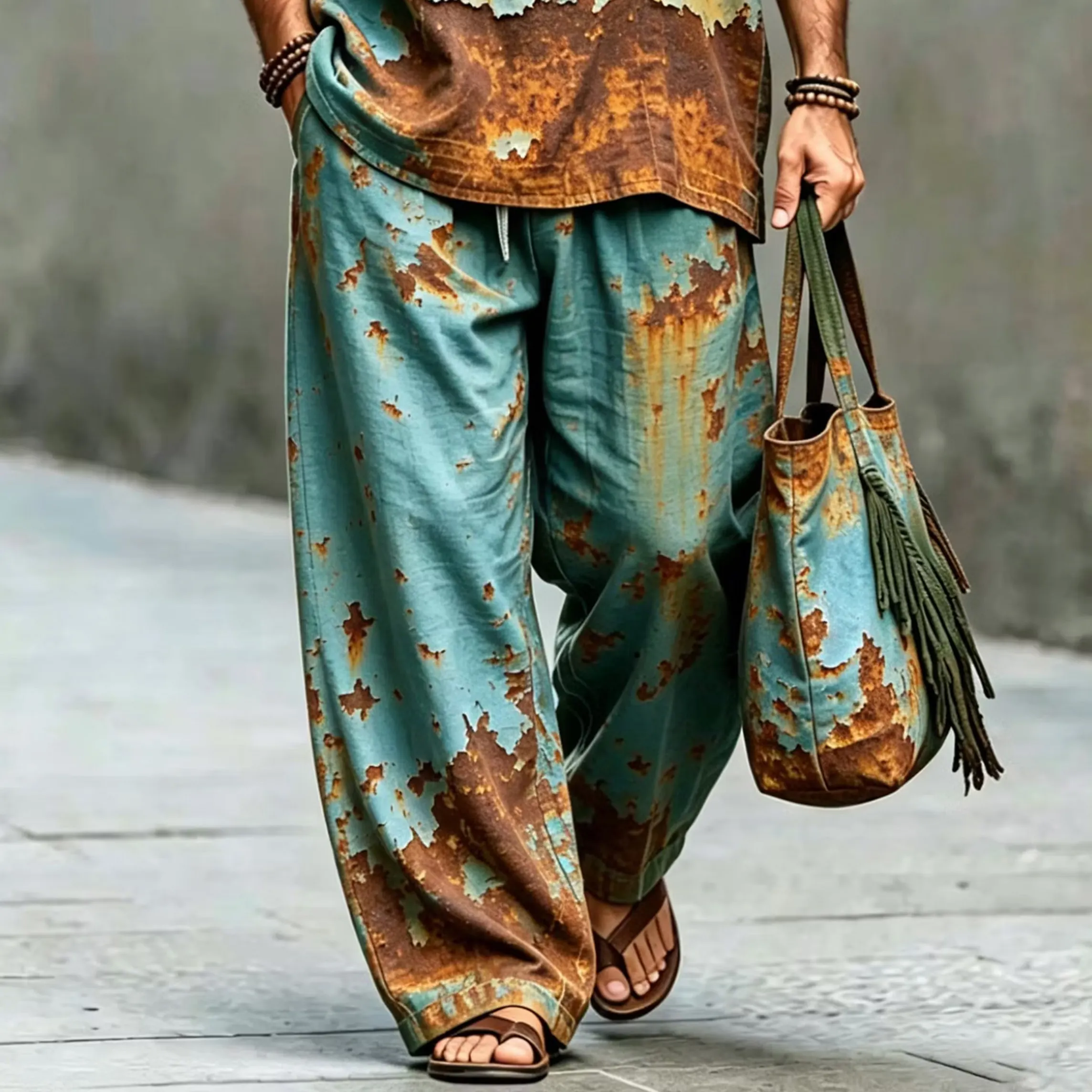 Men's Vintage Rust Art Print Shirt And Pants Two Piece Set