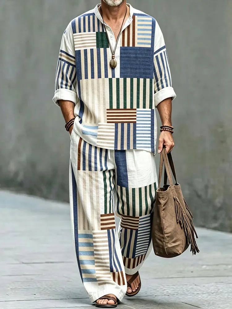 Men's Vintage Striped Art Print Shirt And Pants Two Piece Set