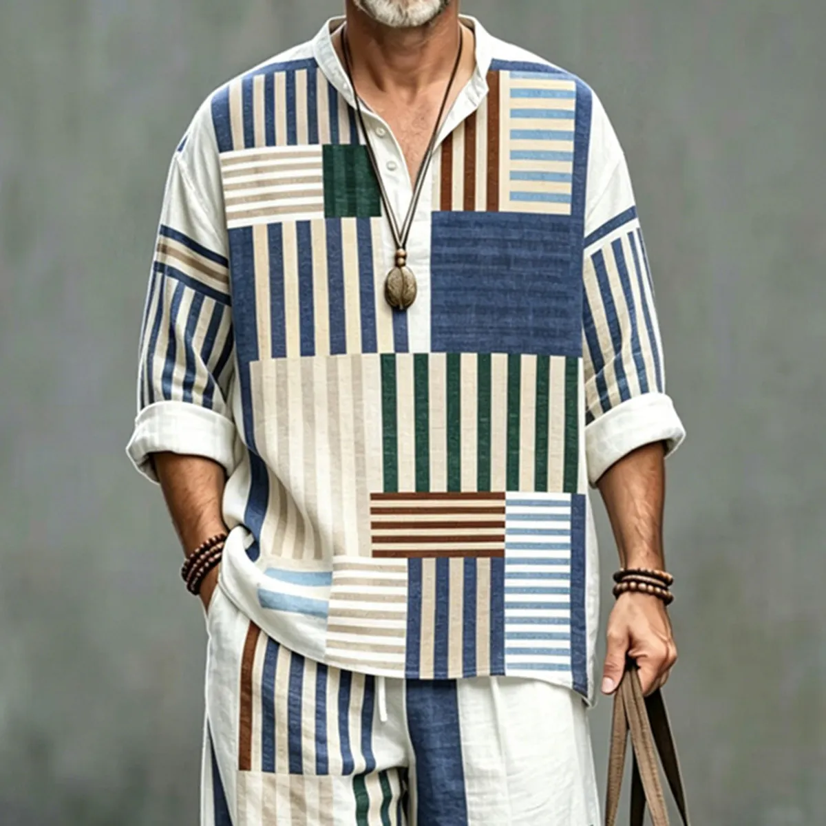Men's Vintage Striped Art Print Shirt And Pants Two Piece Set