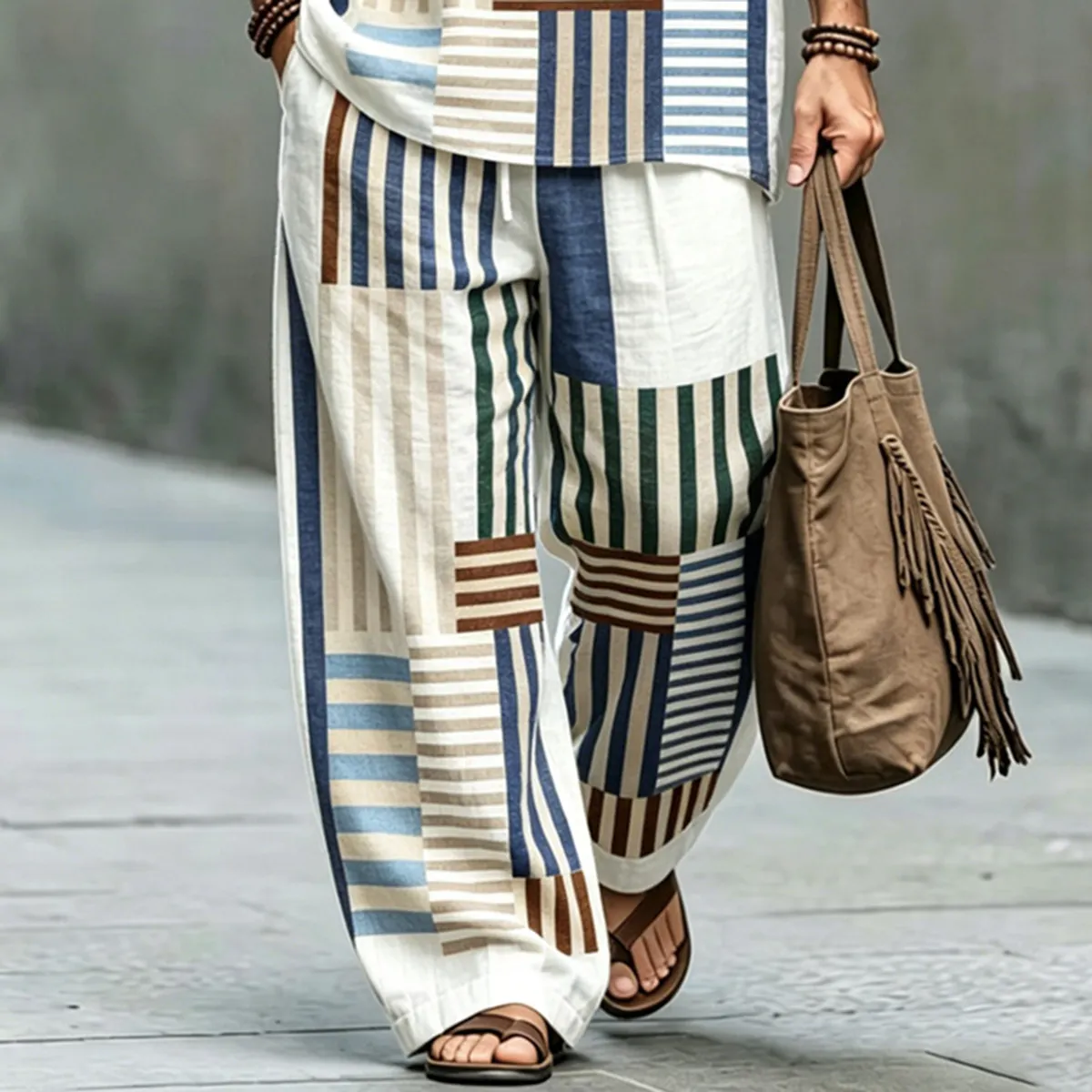 Men's Vintage Striped Art Print Shirt And Pants Two Piece Set