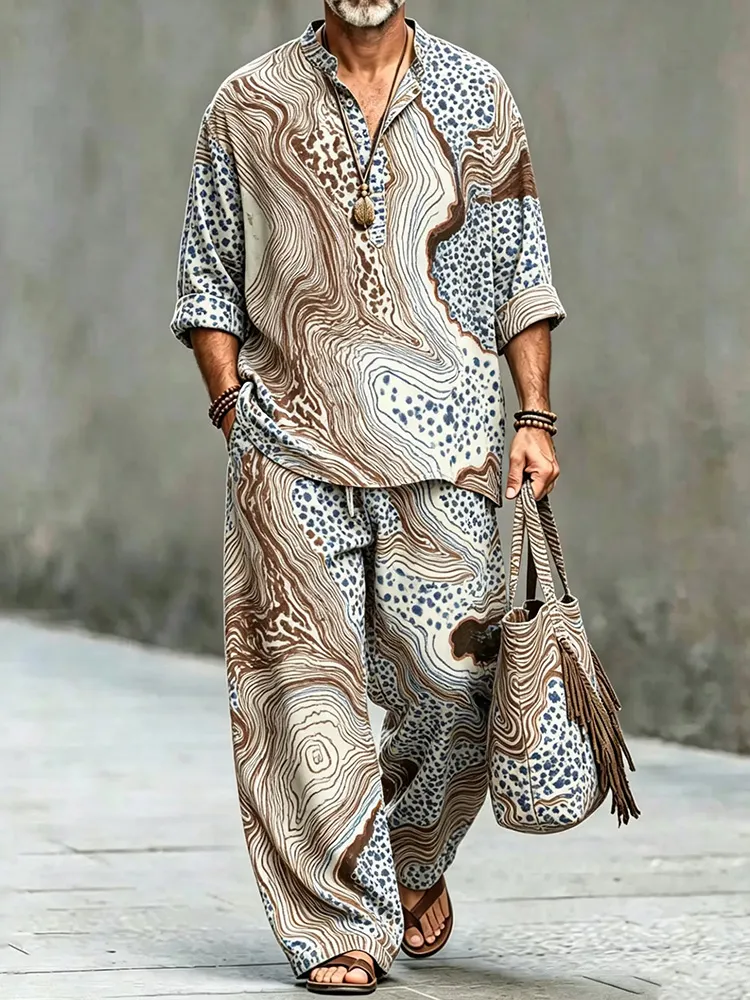 Men's Vintage Japanese Abstract Art Print Shirt And Pants Two Piece Set