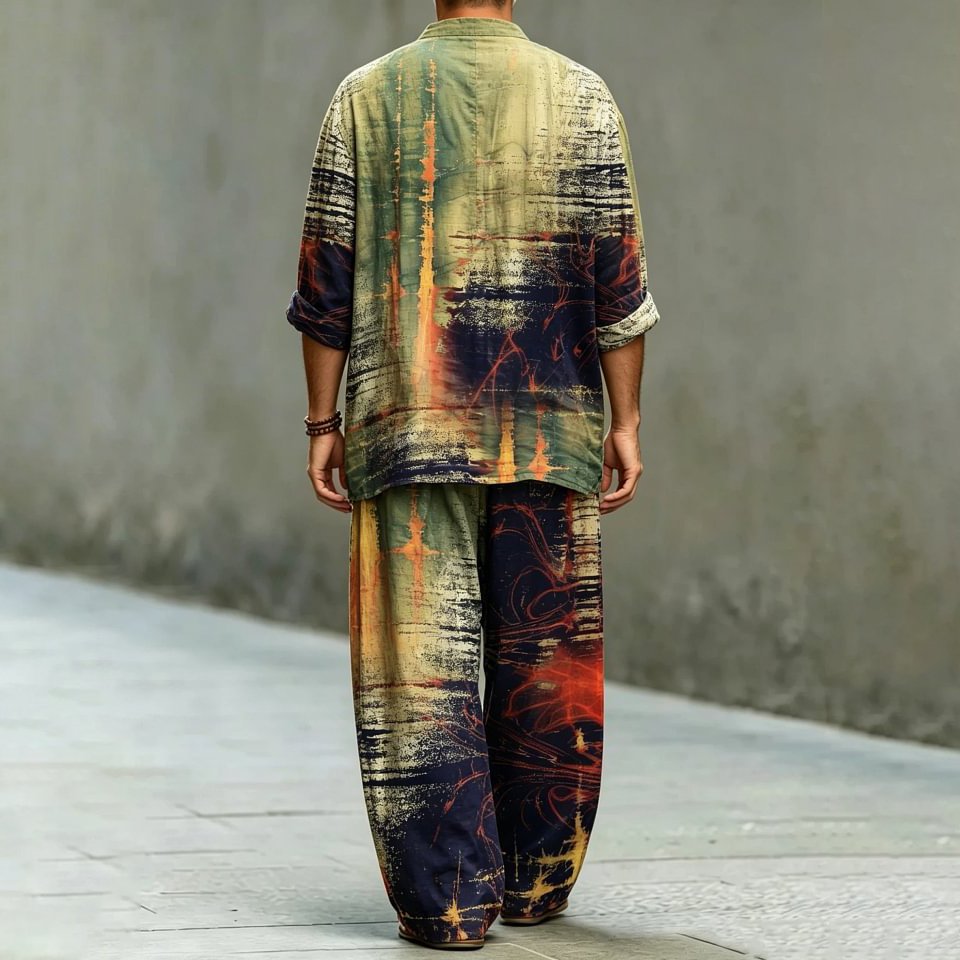 Men's Retro Abstract Art Print Casual Shirt And Pants Two Piece Set