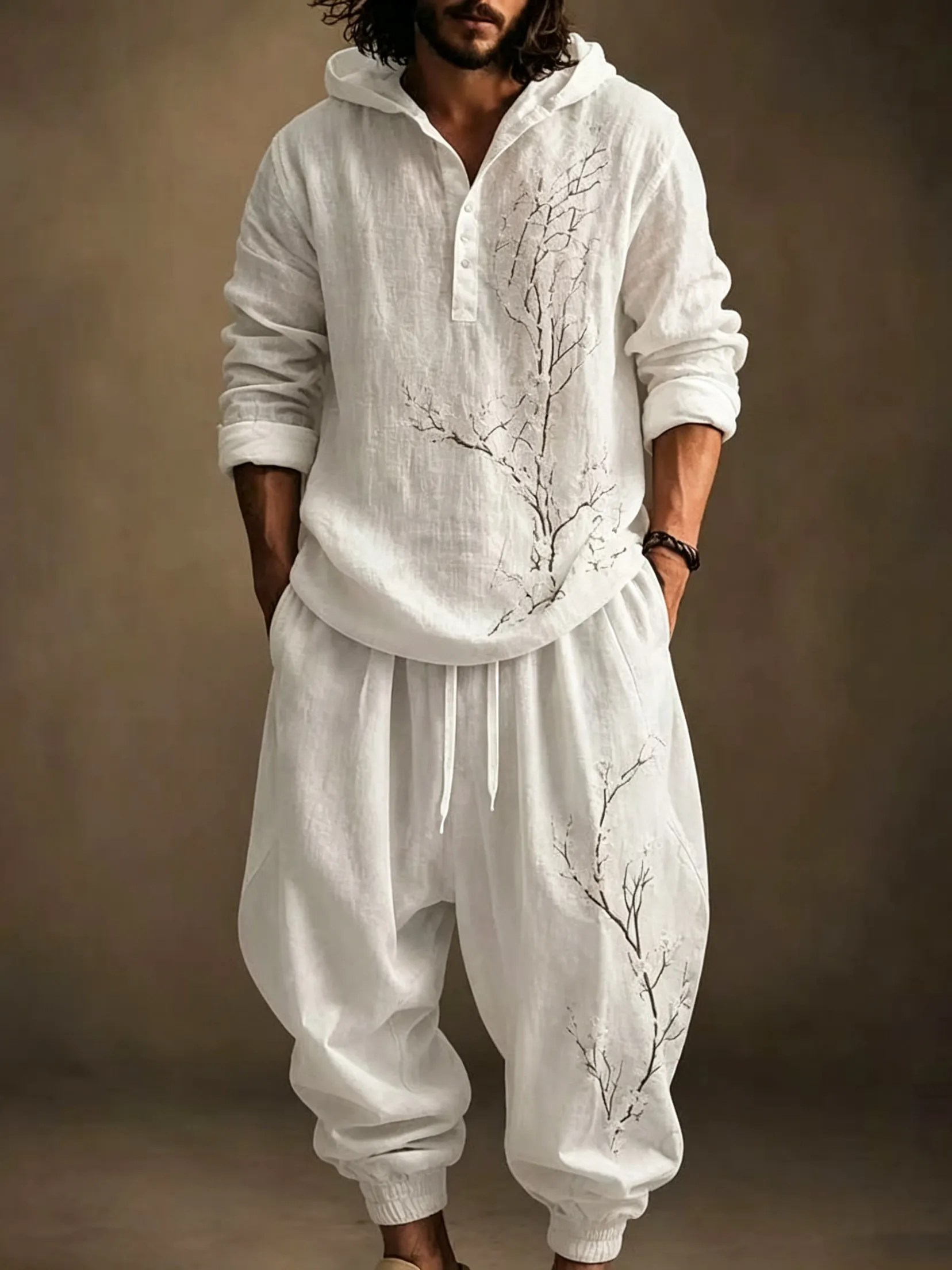 Men's Retro Japanese Floral Print Hoodie Two-piece Set