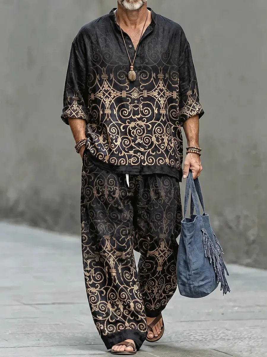 Men's Retro Geometric Art Print Shirt And Pants Two Piece Set
