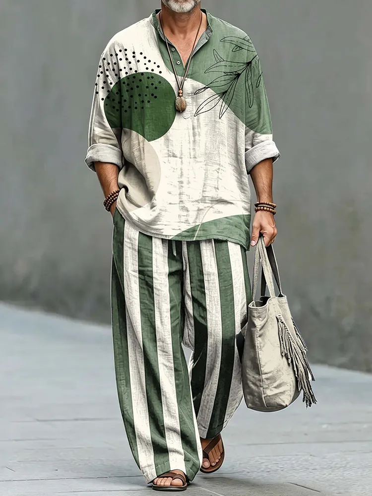 Men's Vintage Japanese Art Shirt And Pants Two Piece Set
