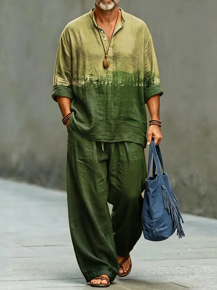 Men's Color Block Abstract Art Print Shirt And Pants Two Piece Set