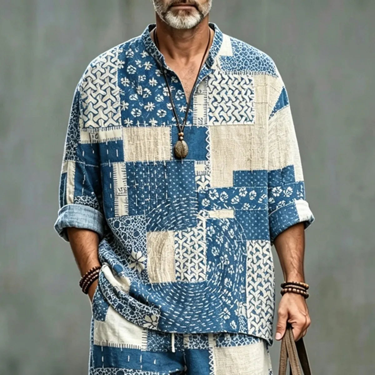 Men's Japanese Patchwork Art Shirt And Pants Two Piece Set