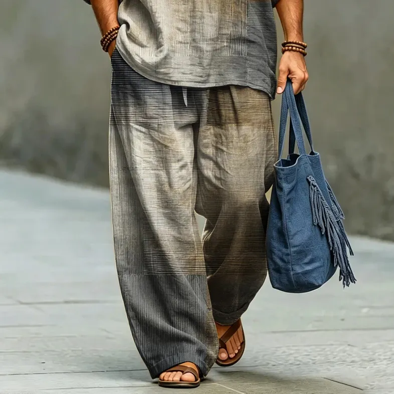 Men's Vintage Striped Art Print Shirt And Pants Two Piece Set