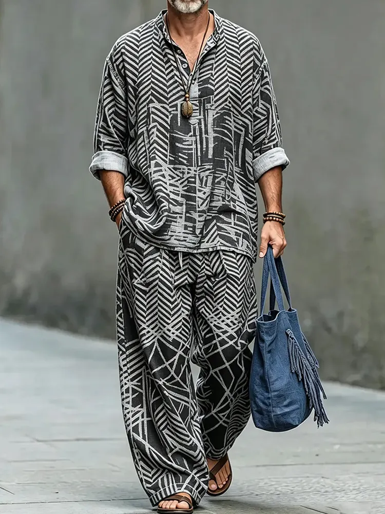 Men's Vintage Geometric Print Shirt And Pants Two Piece Set