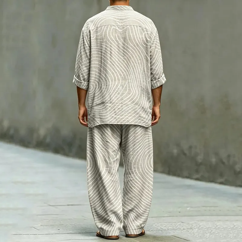 Men's Stripe Art Print Shirt And Pants Two Piece Set