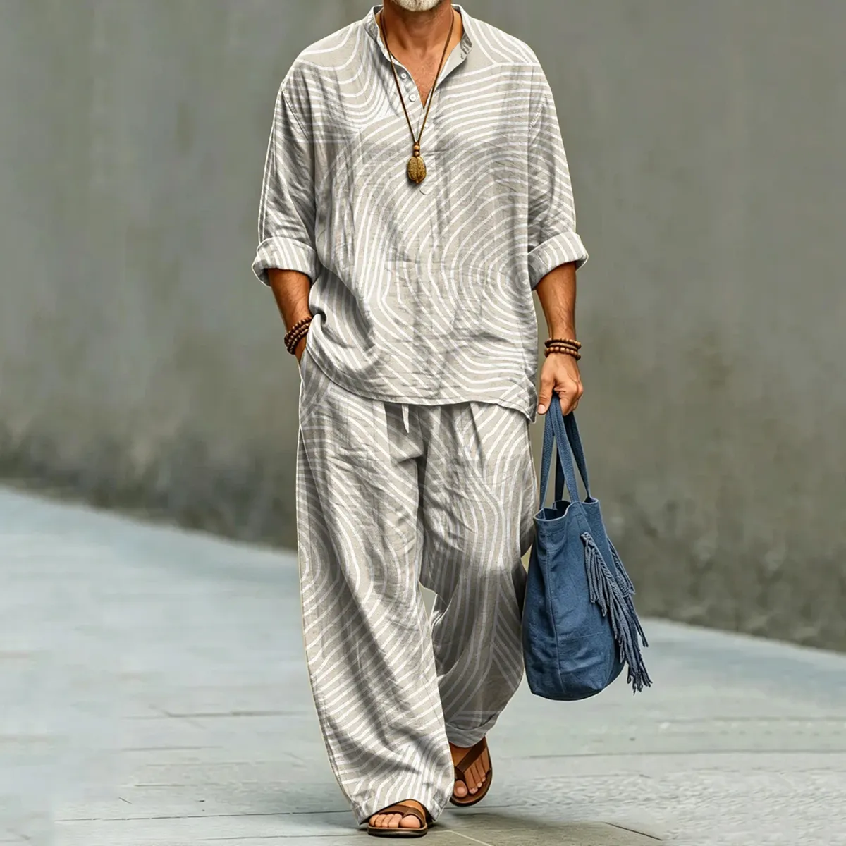 Men's Stripe Art Print Shirt And Pants Two Piece Set