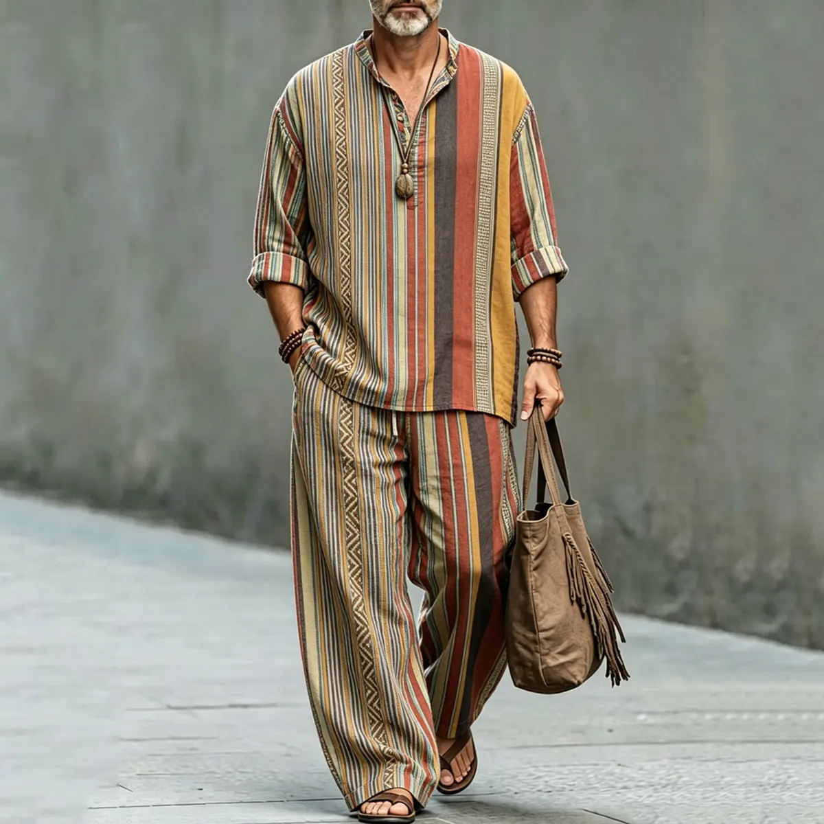 Men's Vintage Striped Print Shirt And Pants Two Piece Set
